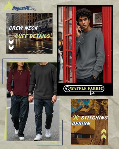 August Alley 3 Pack Men's Waffle Long Sleeve Shirts, Crew Neck Thermal Textured Underwear Tops Lightweight Pullover Sweaters