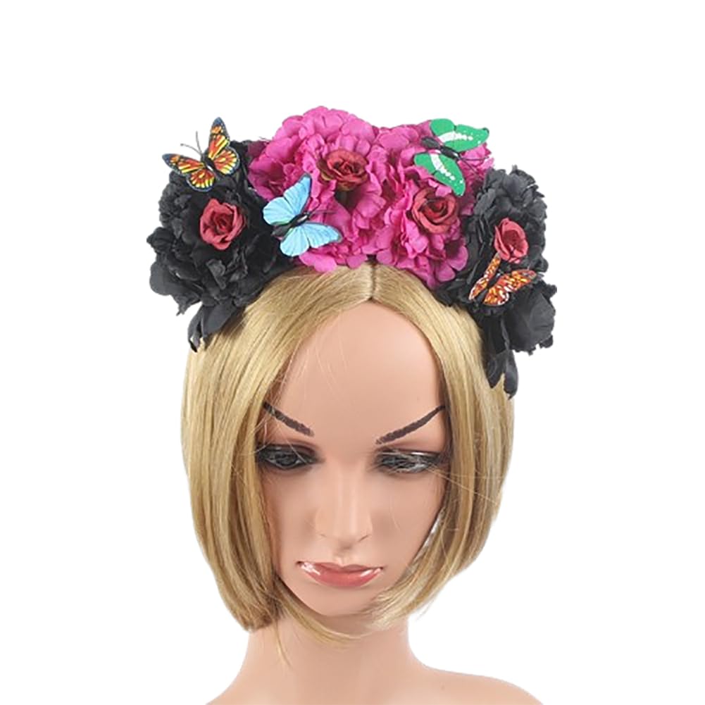 Lofruiin Women's Bohemian Rose Flower Crown Mexican Day of The Dead Headband Halloween Party Costume Headpiece (A- Black Purple,