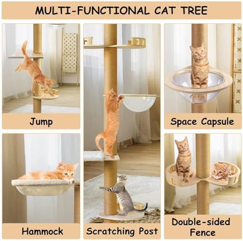 Cat Tree Floor to Ceiling,Cat Tree Height Adjustable from Floor to Ceiling（92“-108”）, Tall Climbing Tree, Equipped with Scraping Pillars, Comfortable Bed, Observation Deck, Space Capsule