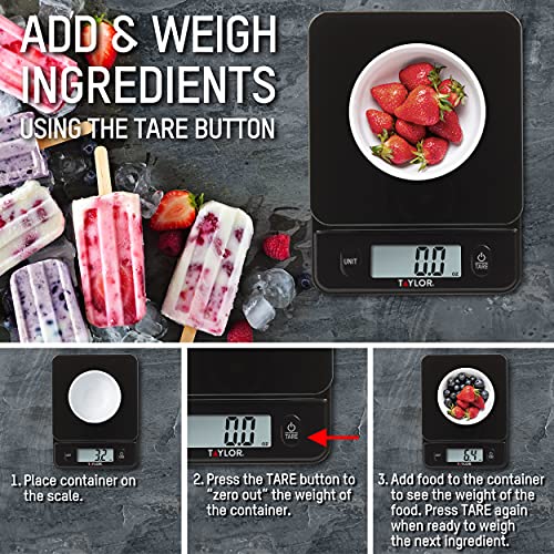Taylor Glass Top Food Scale with Touch Controls, 11 lb Capacity, Sleek Black Design for Precision Food Measurement in Gram...
