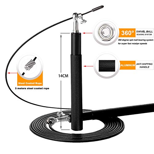 Speed Jump Rope - 360° Swivel Ball Bearing - Adjustable steel coated rope-Aluminum Anti Skipping Handle -Fitness Training ...