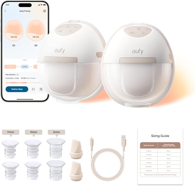 eufy Security Heated Breast Pump Hands-Free E20, Wearable with Innovative HeatFlow, 3 Heat Levels, Optimized Rhythm via Ap...