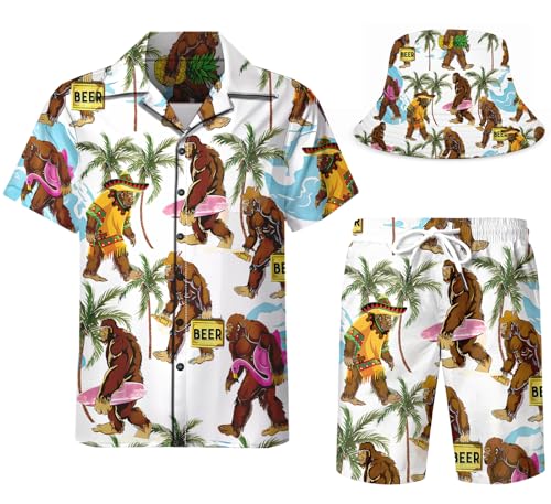 DOOPCCOR Men's 3 Piece Tracksuit Cuban Collared funny Hawaiian Shirt Shorts Button Down Sets With Bucket Hats