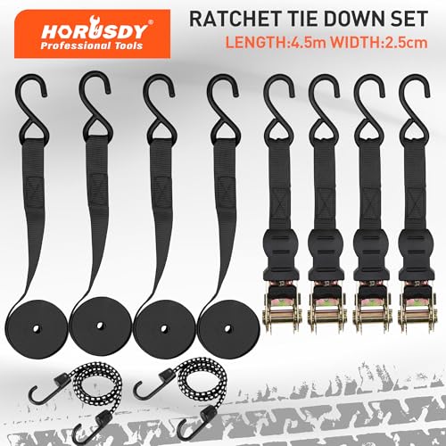 HORUSDY Ratchet Straps, 2,200 LB Break Strength, 4-Pack 15FT Ratchet Tie Down Straps Set for Motorcycle Straps Tie Downs, ...