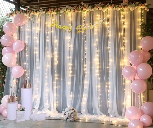 White Tulle Backdrop Curtain with Lights String for Parites 10×8ft Sheer Backdrop Curtains White Curtain Backdrop for Wedd...