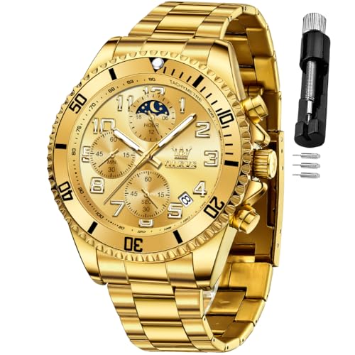 OLEVS Mens Watches Chronograph Luxury Dress Moon Phase Two Tone Stainless Steel Waterproof Luminous Business Calendar Wris...