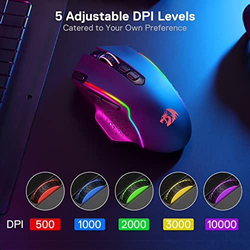 Redragon M810 Pro Wireless Gaming Mouse, 10000 DPI Wired/Wireless Gamer Mouse w/Rapid Fire Key, 8 Macro Buttons, 45-Hour R...
