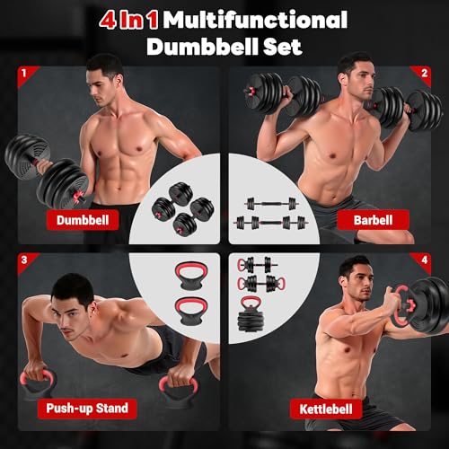 GOIMU Adjustable Dumbbells, 55/77LBS Free Weight Set, 4 in 1 Dumbbell Set Used as Barbell, Kellebell, Push Up Stand, Fitne...