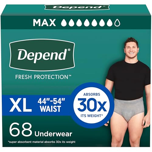 Depend Fresh Protection Adult Diapers, Incontinence Underwear for Men, Disposable, Maximum, Extra-Large, Grey, 68 Count (2...