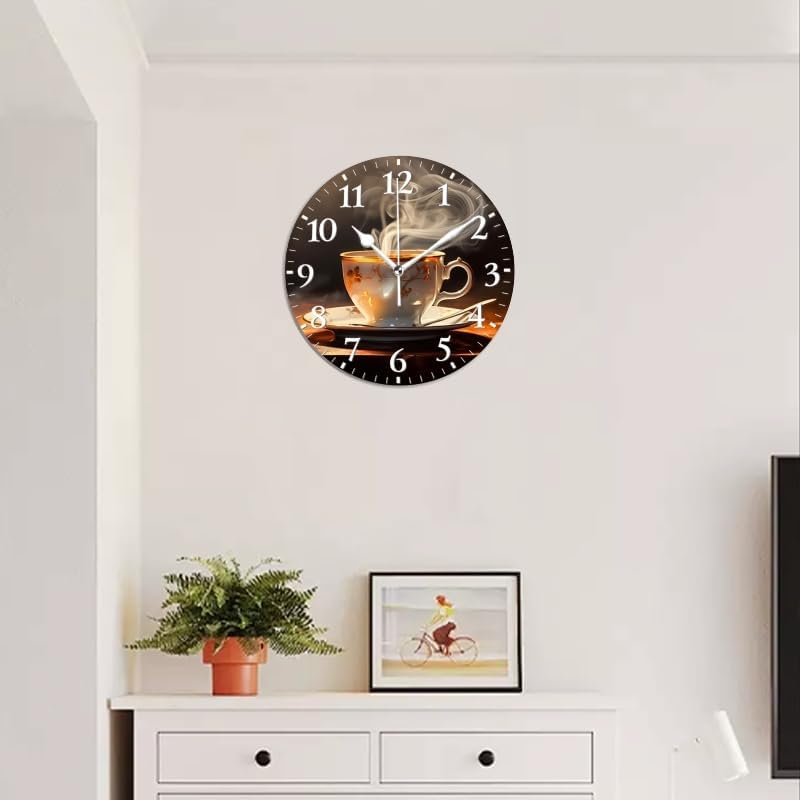 Coffee Wall Clock Non-Ticking Silent Clocks Battery Operated Analog Decor Clock for Home-Steaming Cup of Coffee On The Table(14inch)