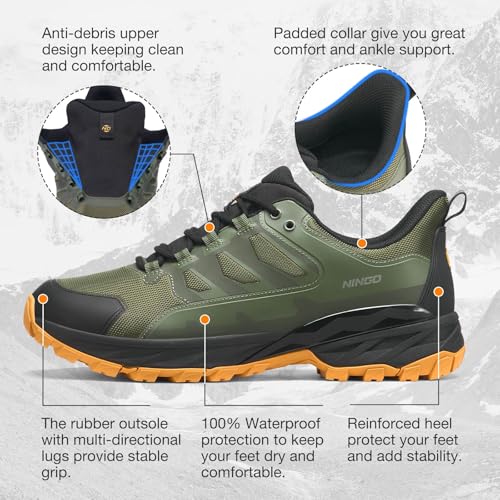NINGO Mens Waterproof Hiking Shoes, Low Top Non Slip Trekking Hiking Sneakers, Lightweight Breathable Outdoor Trails Shoes...