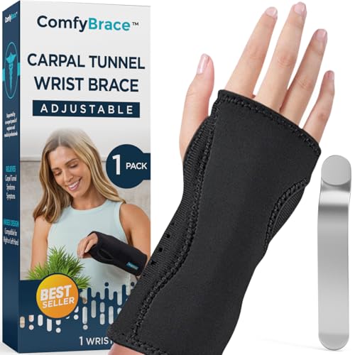 ComfyBrace® Carpal Tunnel Wrist Brace - with Splint and Palm Cushion - (Adjustable and Fits Both Hands) - for Support, Car...