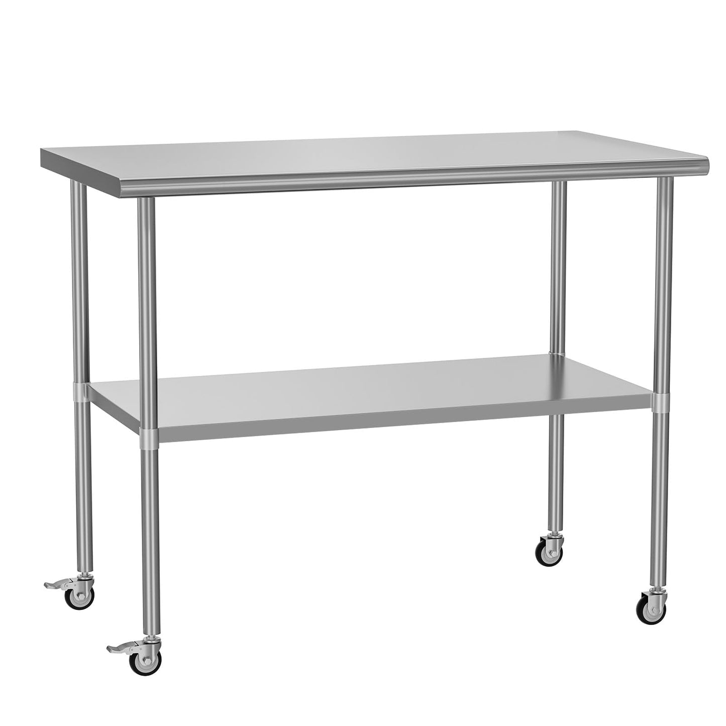 HOCCOT Stainless Steel Table with Wheels 30" x 48" Utility Worktable with Adjustable Undershelf for Commercial Kitchen, Garage, Restaurant