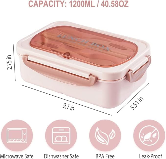 Bento Box for Adult, 1200 ML Lunch Containers for Adults, LeakProof Lunch Box with Utensils, BPA Free, 3 Compartment Bento Box Microwave Safe