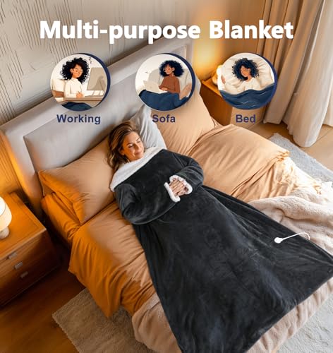 PASAMIC Electric Wearable Heated Blanket with Foot Pocket, Heated Blanket Wearable with Sleeves, Flannel & Sherpa Electric...