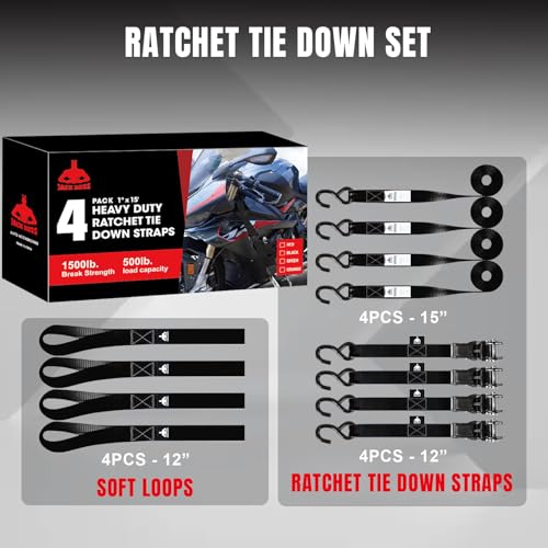 Jack Boss Ratchet Tie Down Straps Set,1500 lbs Break Strength, 1" x 15' Heavy Duty Ratchet Straps with 4X Soft Loops Padde...