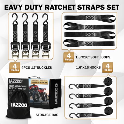 IAZZCO Heavy Duty Ratchet Straps with Hook - 1.6 Inch x 16 FT (5208 LB Break Strength) Tie Down Straps with S Hooks & Soft...
