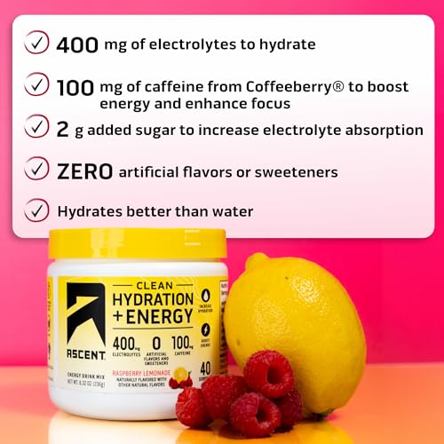 Ascent Clean Hydration + Energy Electrolytes Powder - 100mg Caffeine, 400mg Electrolytes, No Artificial Ingredients, Raspb...