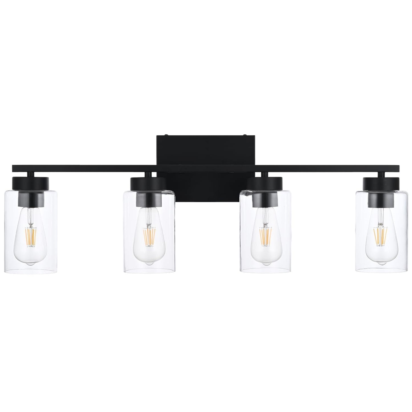 A1A9 4 Light Bathroom Vanity Light Fixtures, Matte Black, Clear Glass Shade, Model NF-22405BK