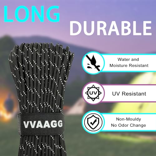 VVAAGG Reflective Paracord Rope 100FT, 7 Strand Nylon para Cord Lanyard Utility 550 Parachute Cord, 4mm Thin Tent Rope for...