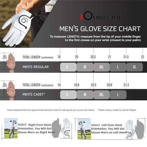 FINGER TEN Mens All Premium Soft Cabretta Leather Tour Fit Grip Left Hand Lh Right Hand Rh with Cadet Size Golf Gloves Val...