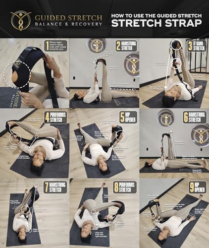 Guided Stretch Yoga Strap with Versatile Loops, No Velcro, Improve Flexibility & Mobility, Relieve Joint Pain!