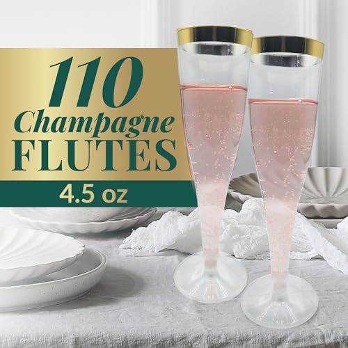Reli. Champagne Flutes Plastic | 110 Pack | 4.5 oz - Gold Rim Clear | Premium Plastic Champagne Flutes | Party-Perfect for...