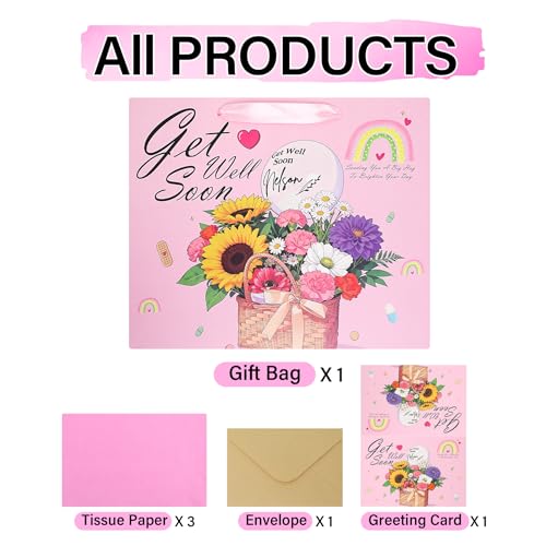 NIUBEHOHO Get Well Soon Gift Bag - Large Pink Flowers Gift Bag for Women Men with Wrapping Tissue Paper Self Care Card Aft...