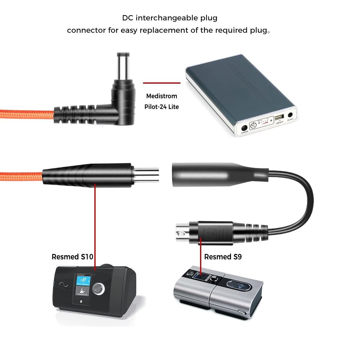 CASIMY DC Charging Output Cable Power Cord Compatible with ResMed AirSense 10 9 S10 S9 DC Male Port Charge, Compatible with Medistrom Pilot-24 Lite Backup Battery, 24V DC Adapter Charging Converter