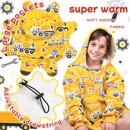 OHOIT Excavator Wearable Blanket Hoodie for Kids 6-10 YR - Glow in The Dark Truck Blanket with Oversized Pocket - Construc...