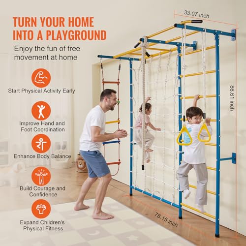 VEVOR Indoor Jungle Gym for Toddlers, 7-in-1 Climbing Playset with Carbon Steel Swedish Ladder, Wall Ladder, Pull-Up Bar, ...