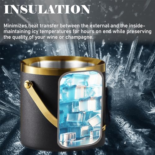 Sipoyen Ice Bucket with Lid, Handle and Tong Black Gold Insulated Stainless Steel Champagne Bucket 2L Wine Bucket for Part...