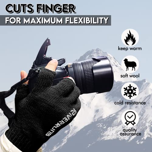 Riverruns Wool Fishing Gloves - Winter Fingerless Knitted Gloves for Men and Women 3-Cut Fingers Warm Gloves for Cold Weat...
