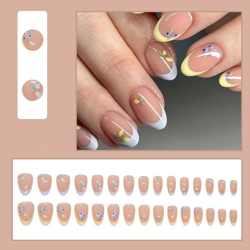 MRSCOL Press on Nails-Mango Blueberry French,Press on Nails Almond,Press on Nails Short Reusable 30pcs Nail Kit with Glue