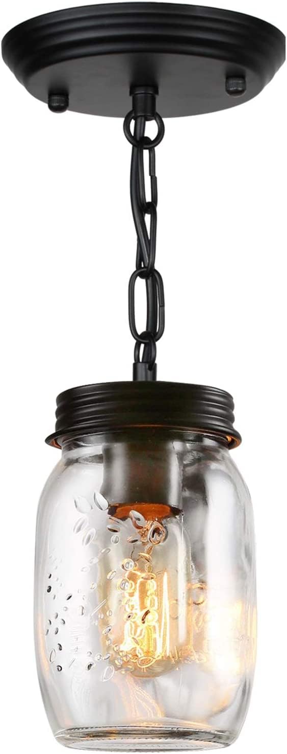 PUZHI HOME Glass Mason Jar Pendant Light Fixture, 1-Light, Metal, Black, Ideal for Kitchen, Dining Room, Hallway, Model 3