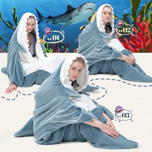 Touchat Shark Blanket for Adult Super Soft Cozy Flannel Throw Wearable Blanket, Cartoon Animals Blanket Hoodie, Sleeping B...
