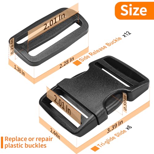 BEYOURD 2" Heavy-Duty Buckle & Straps Set: 6-Pack Side Release Plastic Buckles, 6 Yards of Thick Nylon Webbing, 12 Tri-Gli...