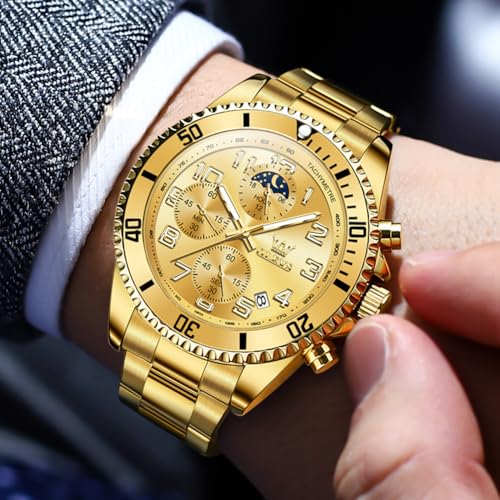 OLEVS Mens Watches Chronograph Luxury Dress Moon Phase Two Tone Stainless Steel Waterproof Luminous Business Calendar Wris...