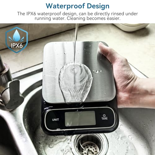 BOMATA Waterproof IPX6 Kitchen Scale, 0.1 g/0.01 oz High Precision, 5 kg/11 lbs, Digital Scale with Backlight, Stainless S...