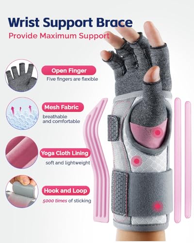FEATOL Compression Arthritis Glove with Wrist Brace, Comfortable Fingerless Carpal Tunnel Hand Gloves for Women Night Supp...