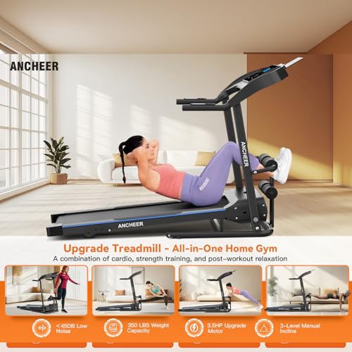 ANCHEER Foldable Treadmill with Sit Up Bench, 2025 Upgrade 3.5HP Portable Treadmills for Home with Incline 350 lbs Capacit...