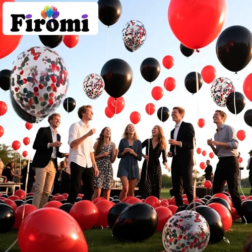 Firomi Red Black Latex Balloons 12 Inch 70 pack Set Black and Red Confetti Balloons for Birthday Wedding Party (with 2 Rib...