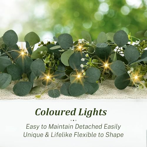 Eucalyptus Garland with Lights, 2 Packs 6FT Green Flower Garland Decor, Artificial Faux Eucalyptus Leaves Greenery Vines f...