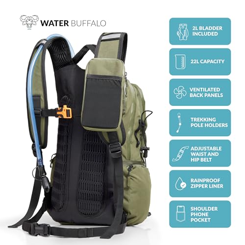 Water Buffalo Hydration Backpack - Sherpa 22L Hiking Backpack with Water Bladder - Water Backpack for Hiking with Waterpro...
