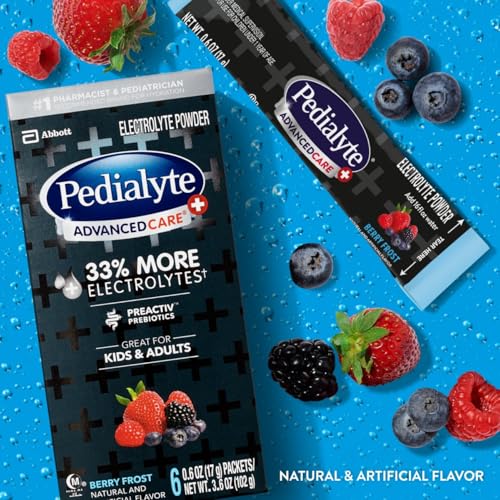Pedialyte AdvancedCare Plus Electrolyte Powder, Has 33% More Electrolytes and PreActiv Prebiotics, Berry Frost, 6 Powder P...