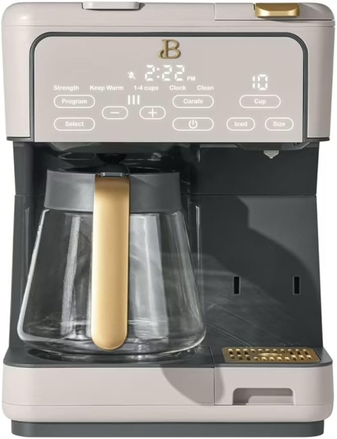 Beautiful by Drew Barrymore Multi-Brew Coffee Maker, 12-Cup Carafe + Single-Serve, Pods or Grounds, Over Ice, Touch Display. (Porcini Taupe)