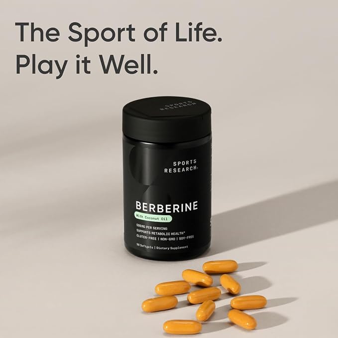 Sports Research Berberine Supplement with Coconut Oil - Herbal & Ayurvedic Metabolic Health Support - Berberine 500mg, 90 Softgels - Gluten-Free, Non-GMO Berberine Powder