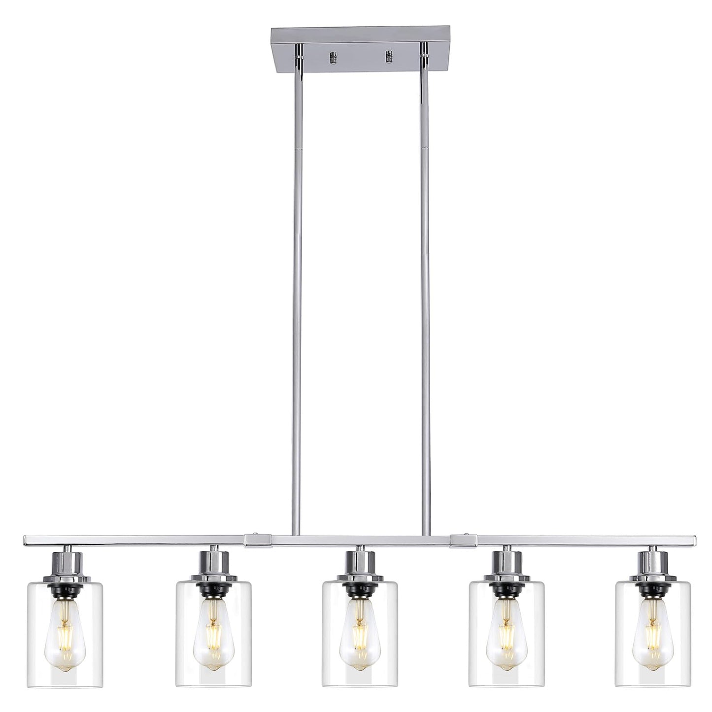 3WWWUEE 39.4 Kitchen Island Lighting, 5 Lights Clear Glass Pendant Light Fixtue, Chrome Linear Metal Chandelier for Dining&Livin