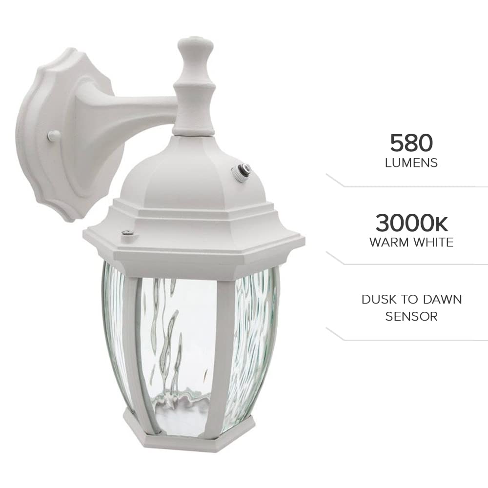 Maxxima Led Outdoor Wall Light, 3000K Warm White, Dusk To Dawn Sensor, White, Model Mel-6150Ww, Clear Water Glass, 580 Lumens