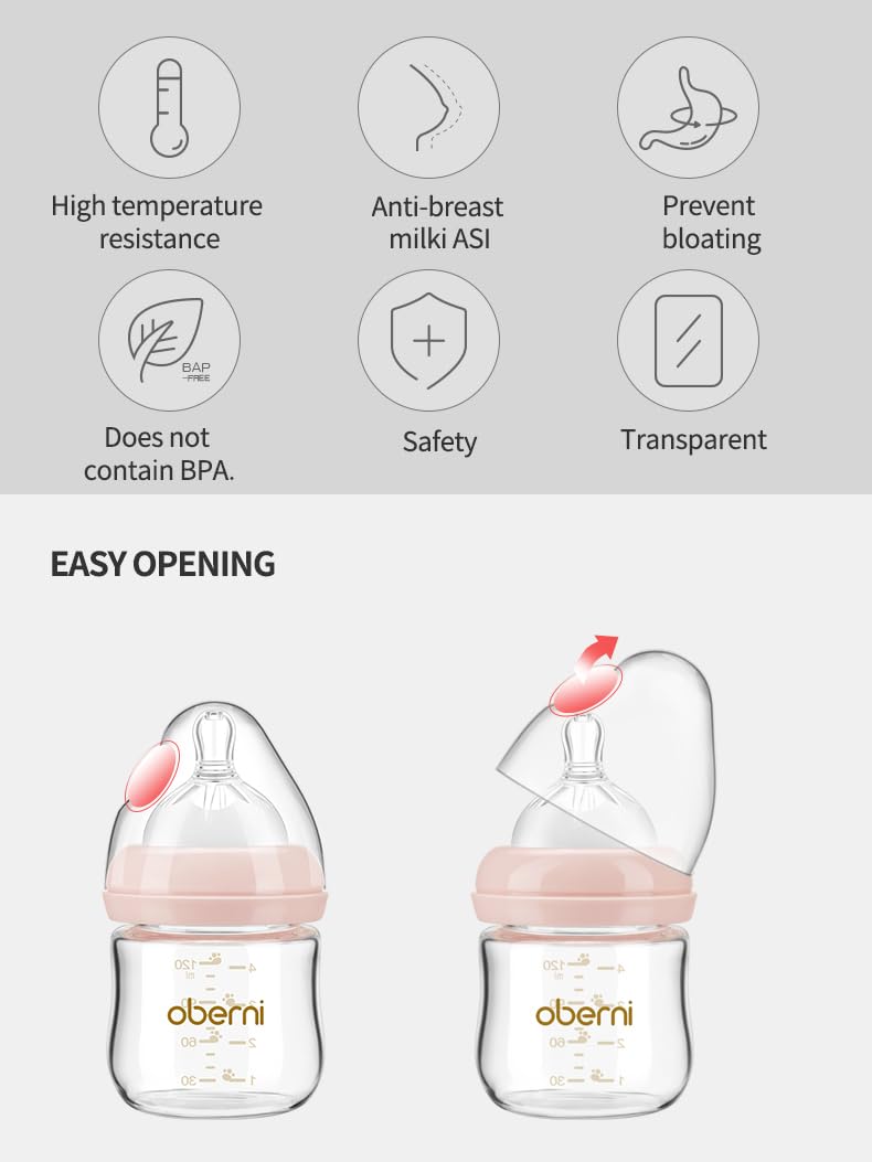 Oberni Glass Baby Bottles,Anti Colic Breastfeeding Bottle with Natural Response Nipple Size S,Wide Neck Slow Flow Baby Bottle for Baby,Newborn,Preemie 0-3 0-6 Month,BPA Free (Pink, 2 Pack, 5 Ounce)